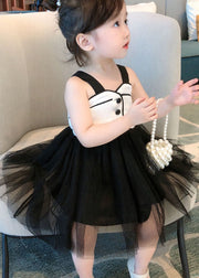 Art Black Wrinkled Patchwork Tulle Kids Girls Dress Sleeveless