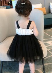 Art Black Wrinkled Patchwork Tulle Kids Girls Dress Sleeveless