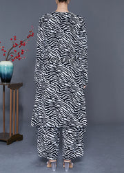 Art Black Zebra Pattern Tie Waist Chiffon Two Piece Set Women Clothing Summer