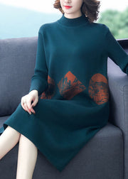 Art Blackish Green High Neck Print Cashmere Knitted Dress Long Sleeve