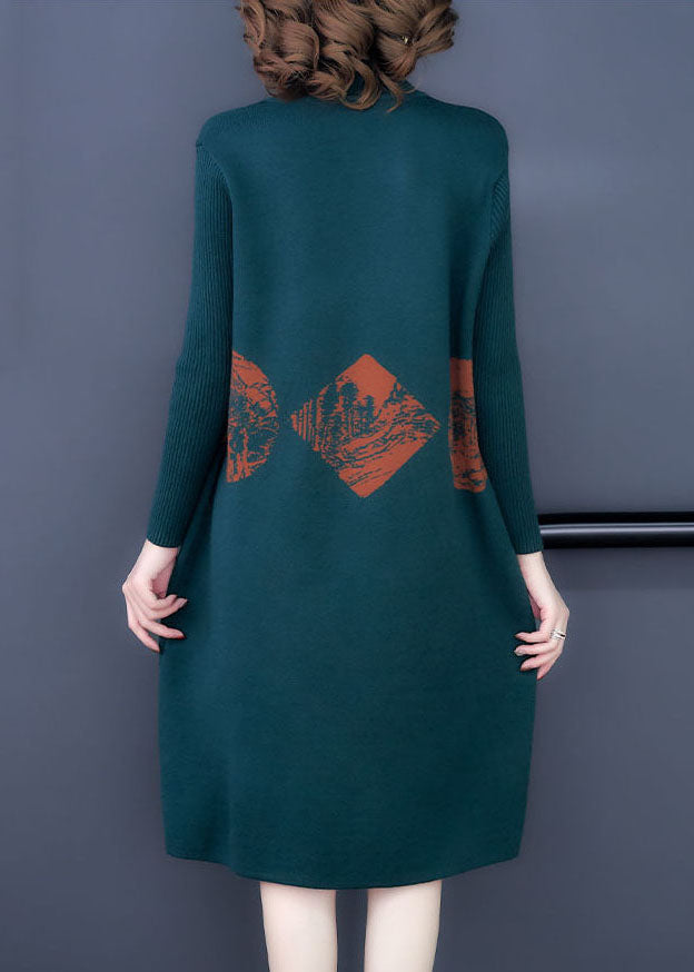 Art Blackish Green High Neck Print Cashmere Knitted Dress Long Sleeve