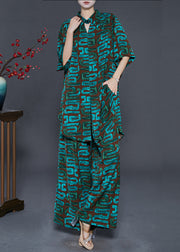 Art Blackish Green Oversized Print Chiffon Two Pieces Set Summer