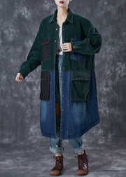 Art Blackish Green Rivet Patchwork Corduroy Fine Cotton Filled Coat Winter