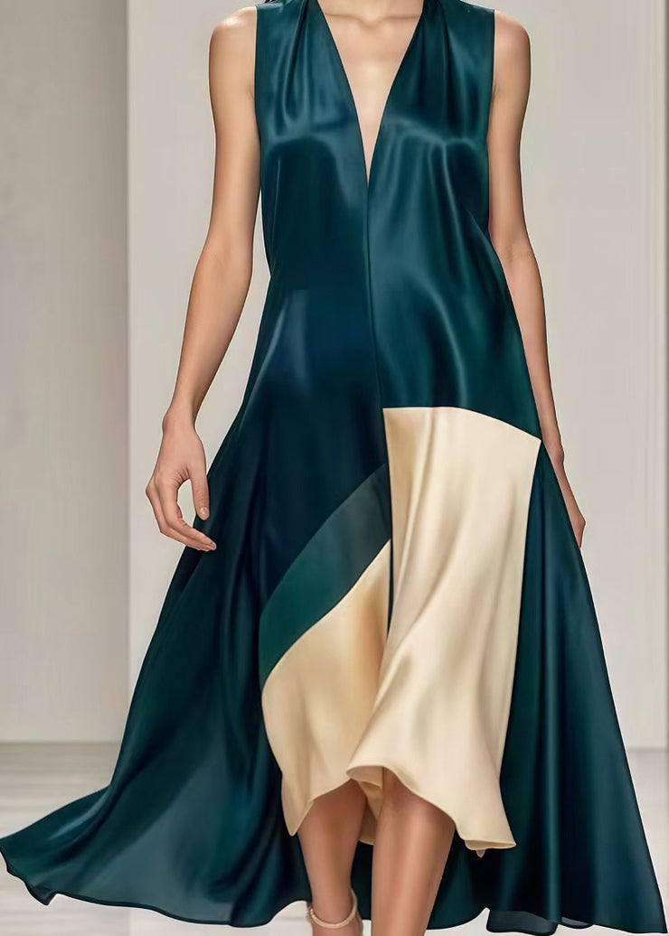 Art Blackish Green V Neck Patchwork Draping Silk Dress Summer