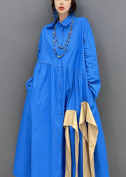 Art Blue Asymmetrical Design Patchwork Cotton Maxi Dresses Fall