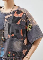 Art Blue Asymmetrical Patchwork Denim Two Pieces Set Summer