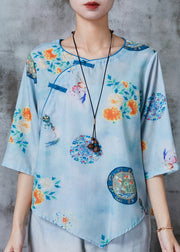 Art Blue Asymmetrical Print Linen Oriental Shirts Summer