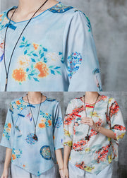 Art Blue Asymmetrical Print Linen Oriental Shirts Summer