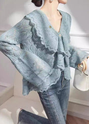 Art Blue Button Hollow Out Knit Cardigan Fall