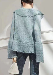 Art Blue Button Hollow Out Knit Cardigan Fall