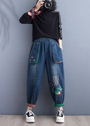 Art Blue Cartoon Embroideried Pockets Elastic Waist Denim Pants Spring