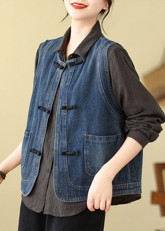 Art Blue Chinese Button Denim Vest Spring