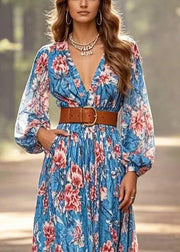 Art Blue Cinched Floral Cotton Ankle Dress Spring