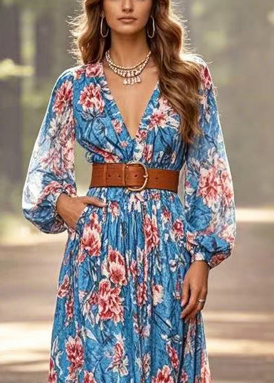 Art Blue Cinched Floral Cotton Ankle Dress Spring