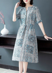 Art Blue Cinched Print Silk Shirt Dresses Summer