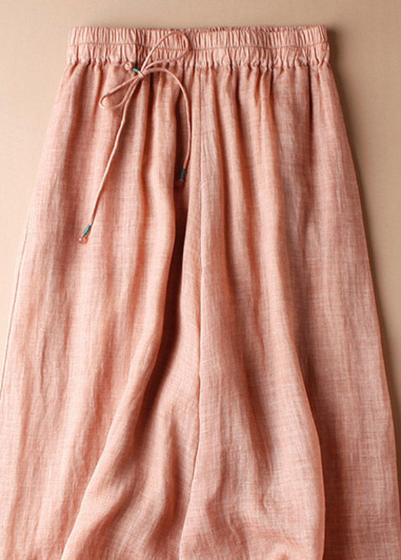 Art Blue Drawstring Tie Waist Linen Wide Leg Pants