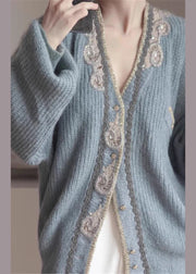 Art Blue Embroidered Button Knit Cardigans Spring