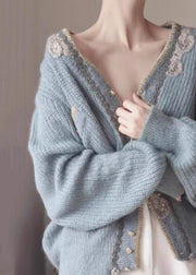 Art Blue Embroidered Button Knit Cardigans Spring