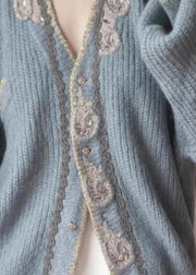 Art Blue Embroidered Button Knit Cardigans Spring