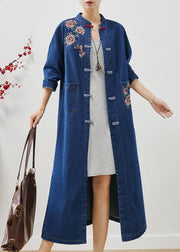 Art Blue Embroidered Floral Chinese Button Denim Trench Fall