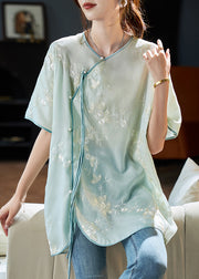 Art Blue Embroidered Tassel Patchwork Chiffon Shirt Short Sleeve