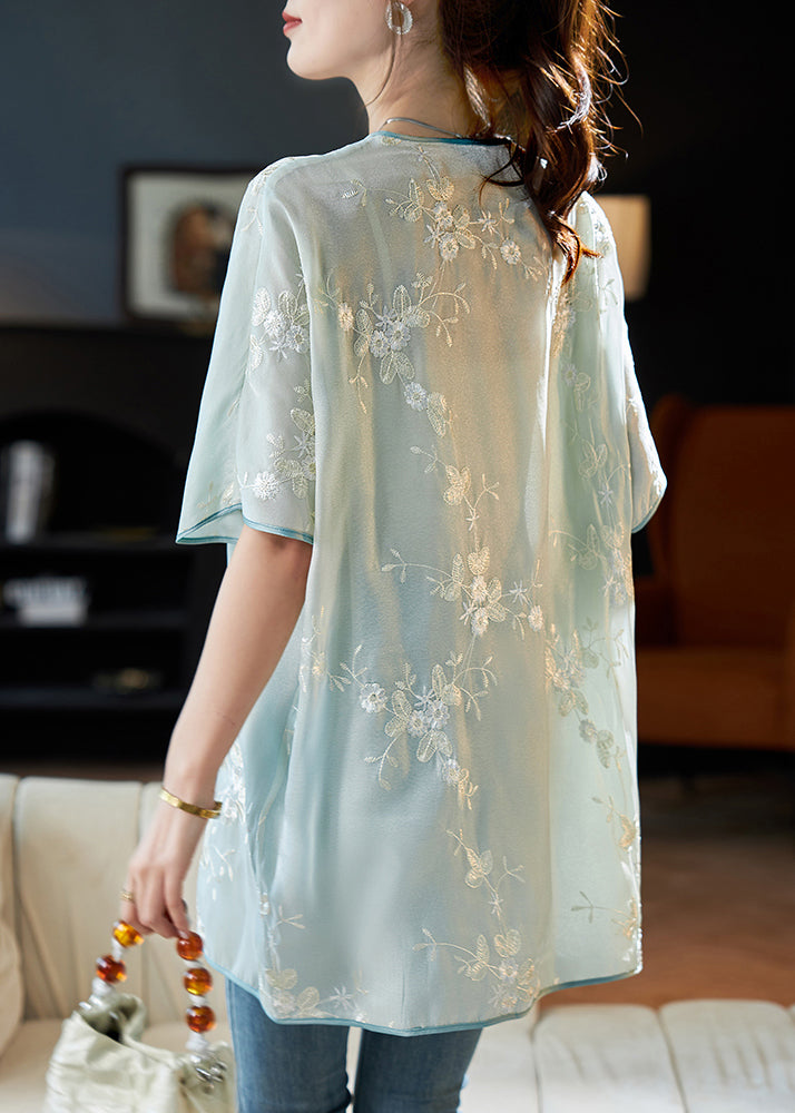 Art Blue Embroidered Tassel Patchwork Chiffon Shirt Short Sleeve