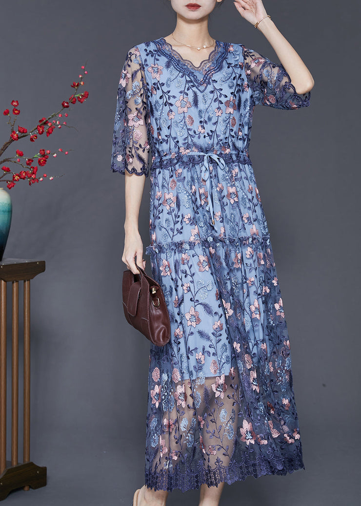 Art Blue Embroidered Tulle Cinched Dress Summer