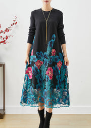 Art Blue Embroidered Floral Knit Long Dress Fall