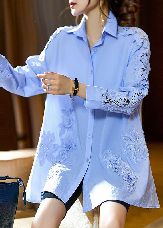 Art Blue Embroideried Nail Bead Patchwork Cotton Shirts Fall