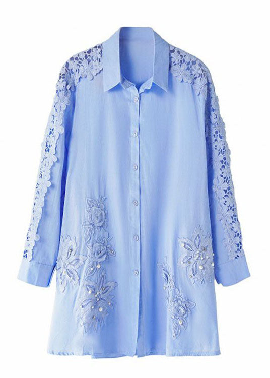 Art Blue Embroideried Nail Bead Patchwork Cotton Shirts Fall