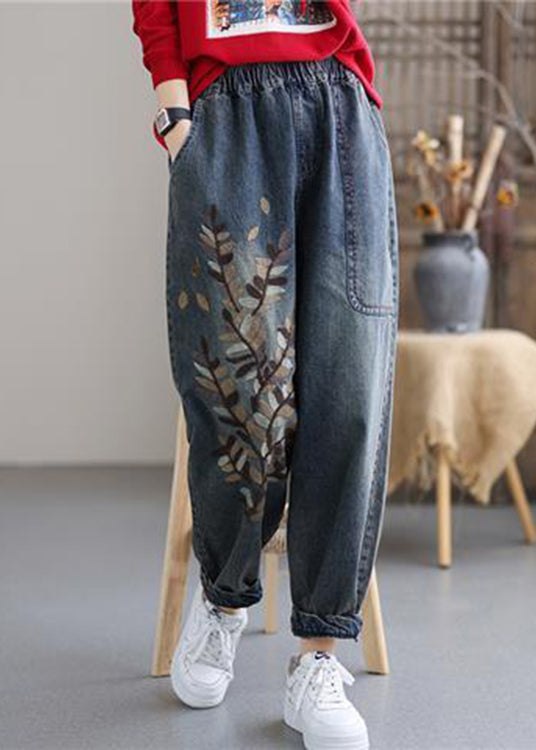 Art Blue Embroideried Pockets Elastic Waist Cotton Denim Harem Pants Fall