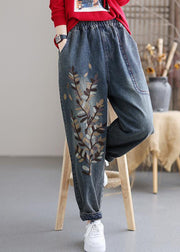 Art Blue Embroideried Pockets Elastic Waist Cotton Denim Harem Pants Fall