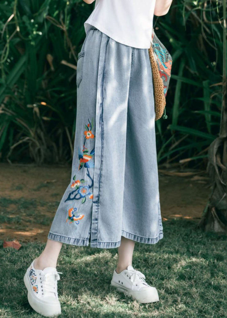 Art Blue Embroideried Pockets Patchwork Denim Wide Leg Pants Summer