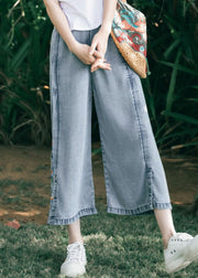 Art Blue Embroideried Pockets Patchwork Denim Wide Leg Pants Summer