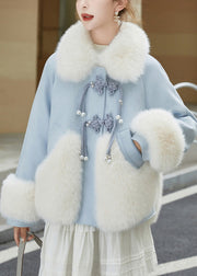 Art Blue Fur Collar Button Patchwork Duck Down Down Coats Winter