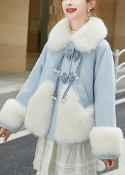 Art Blue Fur Collar Button Patchwork Duck Down Down Coats Winter