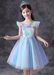 Art Blue Gradient Ruffled Sequins Patchwork Tulle Kids Girls Dresses Summer