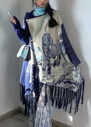 Art Blue Hooded Tasseled Print Knit Dresses Fall