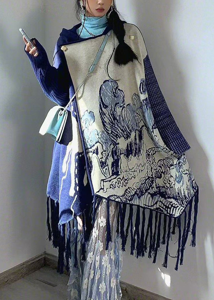 Art Blue Hooded Tasseled Print Knit Dresses Spring