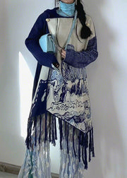 Art Blue Hooded Tasseled Print Knit Dresses Fall