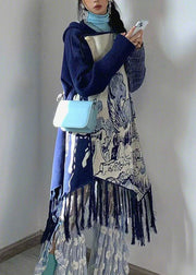 Art Blue Hooded Tasseled Print Knit Dresses Fall