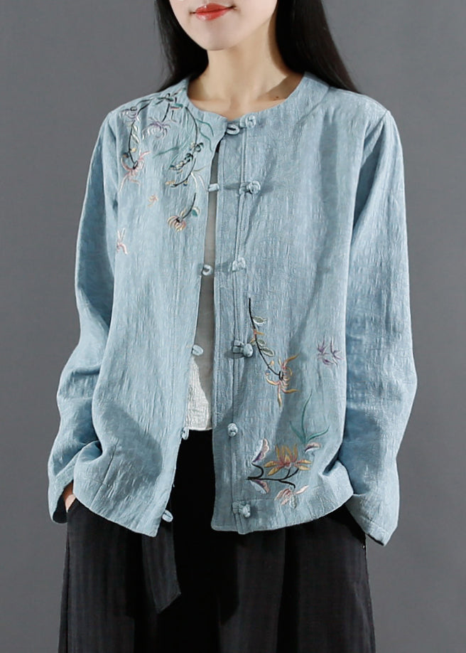 Art Blue Jacquard Embroideried Patchwork Cotton Coat Fall