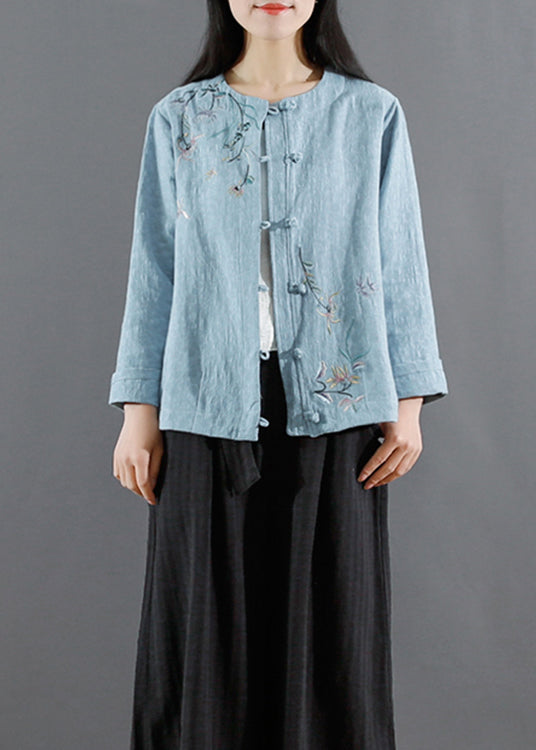 Art Blue Jacquard Embroideried Patchwork Cotton Coat Fall