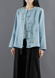 Art Blue Jacquard Embroideried Patchwork Cotton Coat Fall