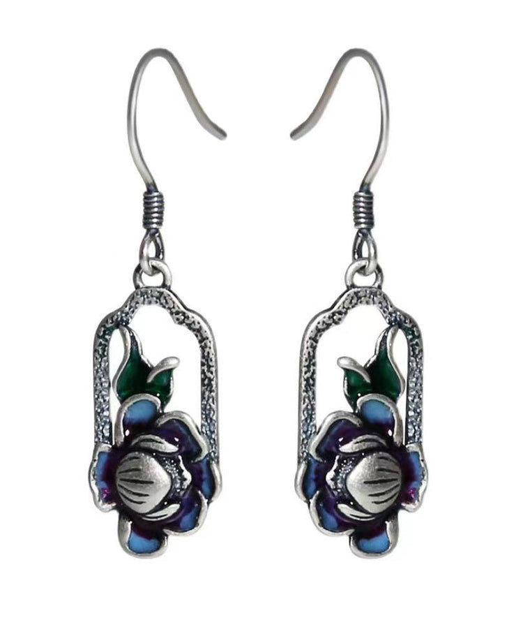 Art Blue Lotus Patchwork Silver Drop Earrings