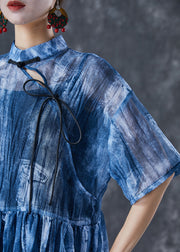 Art Blue Mandarin Collar Tie Dye Lace Up Dress Summer