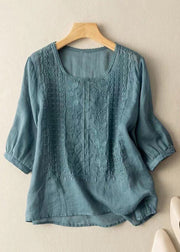 Art Blue O Neck Embroidered Linen T Shirts Half Sleeve