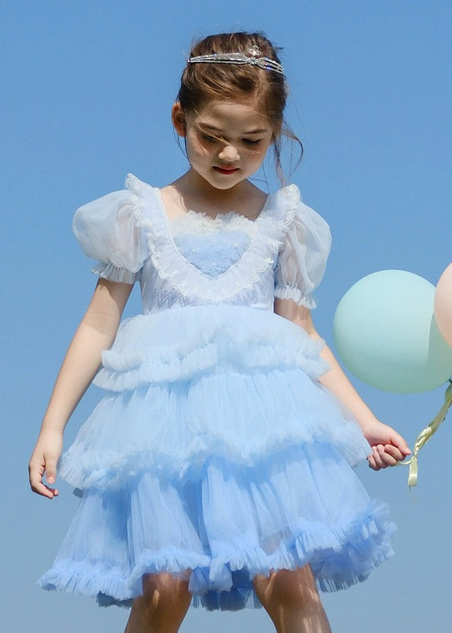 Art Blue O-Neck Ruffled Tulle Kids Girls Maxi Dresses Short Sleeve