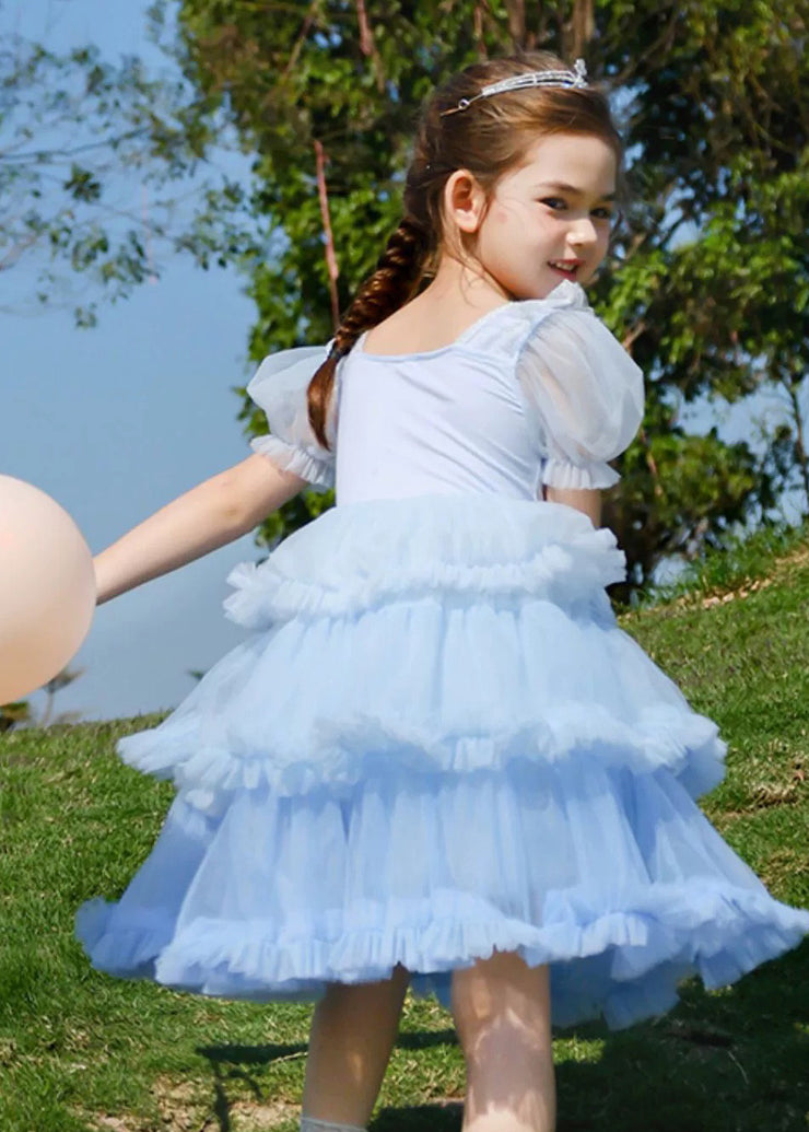 Art Blue O-Neck Ruffled Tulle Kids Girls Maxi Dresses Short Sleeve