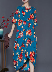 Art Blue Oversized Flower Front Open Cotton Long Dress Summer